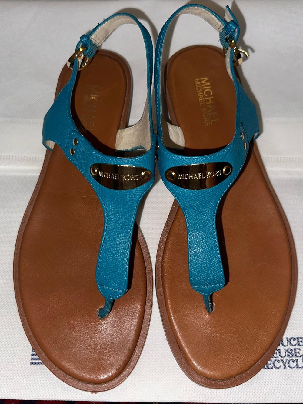 Michael Kors Teal Blue and Brown Leather T-Strap Sandals